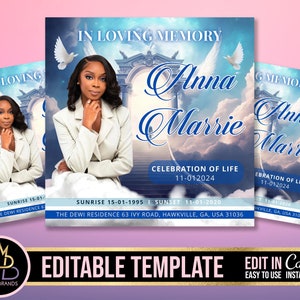 May include: An editable template for a memorial card with a blue and white sky background, clouds, and a woman in a white jacket. The text reads "In Loving Memory Anna Marie" and "Celebration of Life 11-01-2024".