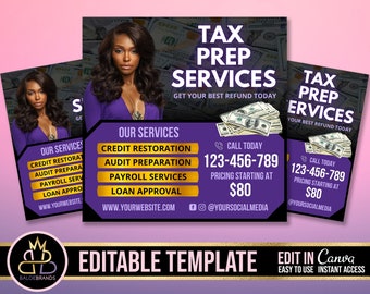 May include: A purple and black flyer with a woman's face on it. The flyer advertises tax prep services with the text "Tax Prep Services" and "Get your best refund today". The flyer also lists services such as credit restoration, audit preparation, payroll services, and loan approval. The phone number 123-456-789 is listed with the text "Call Today". The flyer also includes the text "Pricing starting at $80".