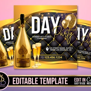 Editable Day Party Flyer Social Media, DIY Birthday Party Event, Editable Canva Template, Day Party event Business Invite flyer Invitation