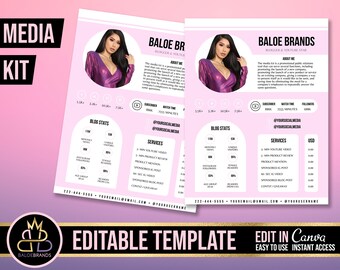 May include: A pink and white media kit template for bloggers and YouTubers. The template includes a photo of a woman, blog stats, services offered, and contact information. The text "BALOE BR" and "BALOE BRANDS" is featured on the template. The template is editable and can be edited in Canva.