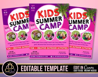 Kids Summer Camp Flyer, Kids Camp Summer Festival Flyer voor kinderen, bewerkbare sjabloon, Canva, Kids Invitation Invitation, Festival Event Flyer