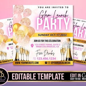 May include: Pink and gold invitation for a Glam Launch Party on Sunday, October 17, 2022. The invitation features a pink and gold glitter background with balloons and champagne bottles. The text "Glam Launch Party" is in pink and gold lettering. The invitation also includes the date, time, and location of the party.
