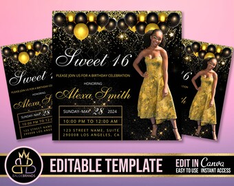 May include: Editable template for a Sweet 16 birthday party invitation. The invitation features a black background with gold glitter, stars, and balloons. The text "Sweet 16" is written in a gold script font. The invitation also includes the text "Please join us for a birthday celebration honoring Alexa Smith". The date and time of the party are listed as "Sunday, May 28, 2024, 10:00 PM to 12:00 AM". The address of the party is listed as "123 Street Name, Suite 290008 Los Angeles, CA".