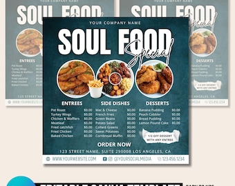 Può includere: Un modello di menu in verde acqua e bianco per un ristorante di cucina soul. Il menu elenca antipasti, contorni e dessert con i prezzi. Il testo "Soul Food Special" è in grandi lettere bianche su uno sfondo verde acqua. Il menu include anche il nome del ristorante, l'indirizzo, il sito web e le maniglie dei social media.