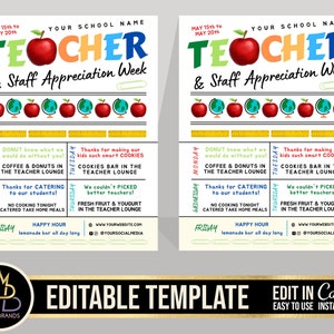 Teacher Appreciation Week, Teacher Staff appreciation template, Printable Editable Teaching Teacher Staff Appreciation Week Itinerary Poster