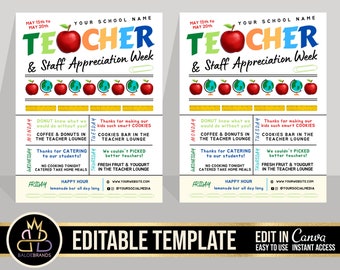 Teacher Appreciation Week, Teacher Staff appreciation template, Printable Editable Teaching Teacher Staff Appreciation Week Itinerary Poster