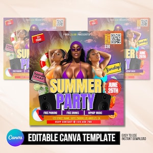 Summer party Flyer, Day Party Invitation, Editable Template Canva Invite, Pool Flyer, Summer Break Party Flyer, Summer Event Beach Flyer