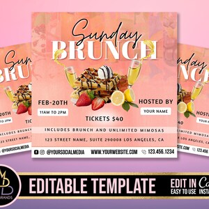 May include: A pink and orange digital flyer with the text "Sunday Brunch" in a white, cursive font. The flyer advertises a brunch event on February 20th from 11 AM to 2 PM. The flyer includes the text "Tickets $40", "Includes Brunch and Unlimited Mimosas", and "Hosted by [Your Name]". The flyer also includes a website address and phone number.