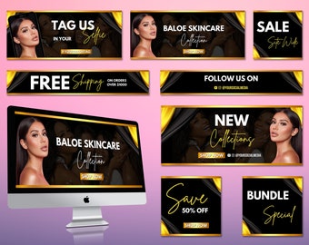 Op de afbeelding: Een verzameling social media banners voor een huidverzorgingsmerk genaamd "BALOE SKINCARE". De banners hebben een zwarte achtergrond met gouden accenten en tekst die "TAG US", "SALE", "FREE Shipping", "FOLLOW US ON", "NEW Collections", "Save 50% OFF" en "BUNDLE Special" zegt.