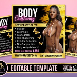 Puede incluir: Gráfico negro y dorado con el texto "BODY CONTOURING" y una lista de servicios ofrecidos, que incluyen levantamiento de glúteos, lipo láser, desintoxicación de sauna, reafirmación de la piel, reducción de la celulitis, lipo no quirúrgico, envolturas corporales y más. Los precios comienzan desde 350 €. El gráfico también incluye una foto de una mujer en bikini de estampado de leopardo.