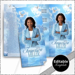 May include: A blue and white memorial card template with a photo of a woman in a blue suit. The text "Francisca Miller" is printed in white on a blue background. The text "Till we meet again" is printed in white on a blue background. The text "Editable Template" is printed in white on a black background.