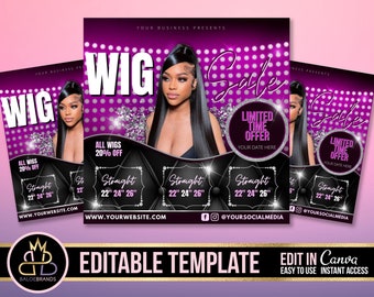 WIG Sale flyer, Hair Wigs Sale Flyer, Editable DIY Canva Template, Wig Install Specials Salon Appointment Book Now Sale Bundles Price List