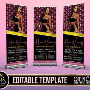 Retractable Banner Template Canva, Roll Up Banner Editable Template, DIY Retractable Banner Hair Beauty Pop Up Shop Boutique Fashion Roll Up