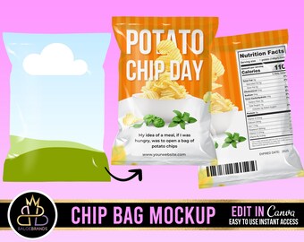 Maqueta de bolsa de chip, maqueta de bolsa de chip editable Canva, fondo transparente de canva de maqueta de etiqueta de bolsa de chip, cumpleaños de fiesta de bolsa de chip de arrastrar y soltar