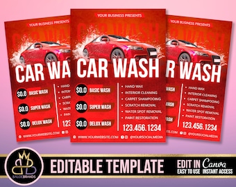 Puede incluir: Un folleto rojo de lavado de coches con un coche rojo en el fondo. El folleto enumera diferentes paquetes de lavado de coches con precios, incluyendo un lavado básico, un lavado súper y un lavado de lujo. El folleto también incluye un número de teléfono y una dirección de sitio web.