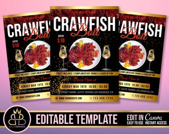 May include: A black and gold flyer with a red and white crawfish design. The flyer advertises a crawfish boil event with the text "Crawfish Boil" in large red letters. The event is on Sunday, March 18th from 10:00 AM to 3:00 PM. The flyer includes the address and phone number for the event.