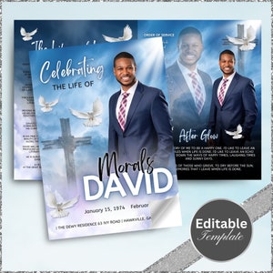 Op de afbeelding: Een blauwe en witte herdenkingskaart met een foto van een man in pak en stropdas. De kaart heeft de tekst "Celebrating the Life of Morals David" en de data "January 15, 1974 - February".