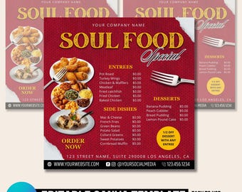 Può includere: Un modello di menu rosso e giallo Soul Food Special con un effetto carta strappata. Il menu elenca i piatti principali, i contorni e i dessert con i prezzi. Il testo "Ordina ora" è presente due volte sul menu. Il menu include anche il nome dell'azienda, l'indirizzo, il sito web e le informazioni sui social media.