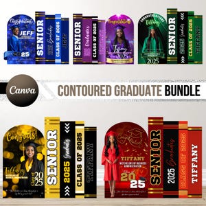 May include: A set of six graduation photo booth props featuring a stack of books with the words "Senior", "2025 Graduates", "Class of 2025", and the graduate's name. The props are in various colors, including blue, purple, gold, black, and red. The props are designed to be used for graduation photos and are perfect for capturing memories of this special occasion.