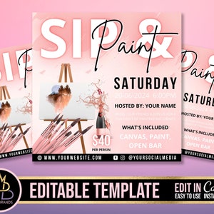 SIP AND PAINT flyer template, Sip & Paint Editable Flyer Canva, Sip Shop Flyer, diy Paint and sip Party Invite Invitation, Paint Invitation