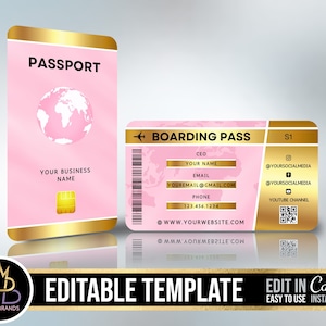 Cartões de visita de passaporte, cartões de visita de cartão de embarque, modelo DIY Canva, cartões de visita editáveis de estilo de viagem Cartões de visita de cartão de embarque