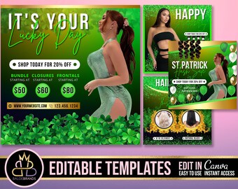 May include: Editable templates for social media marketing featuring a green shamrock background with the text "It's Your Lucky Day" and "Shop Today for 20% Off".  The templates also include the text "Happy St. Patrick's Day" and "St. Patrick Hash Sale".