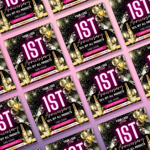 Puede incluir: Un gr&aacute;fico cuadrado para redes sociales negro y dorado con texto rosa que dice "1er Aniversario 50% de descuento en todos los productos usar c&oacute;digo ANNIVERSARY www.yourwebsite.com". El gr&aacute;fico presenta una botella de champ&aacute;n y vasos con confeti y estrellas doradas.
