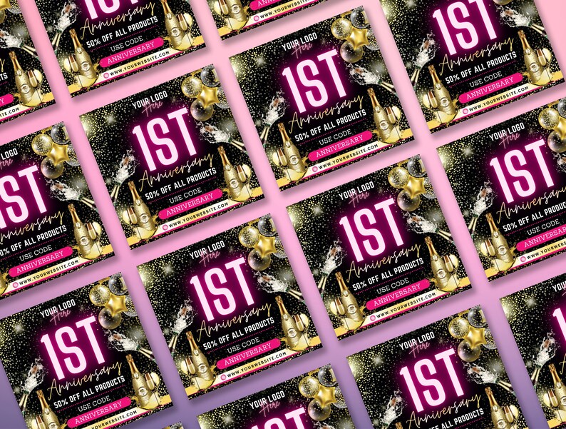 Puede incluir: Un gr&aacute;fico cuadrado para redes sociales negro y dorado con texto rosa que dice "1er Aniversario 50% de descuento en todos los productos usar c&oacute;digo ANNIVERSARY www.yourwebsite.com". El gr&aacute;fico presenta una botella de champ&aacute;n y vasos con confeti y estrellas doradas.