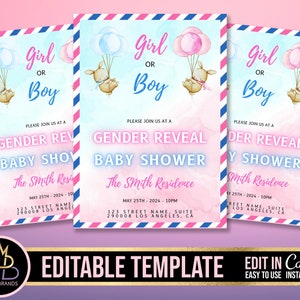Gender Reveal Invitation, Baby Shower Announcement Invite, Gender Reveal Flyer Gender Reveal Editable Template Invite Baby Shower Invitation