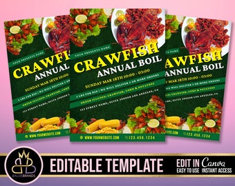 May include: A green and yellow flyer with a red crawfish on top of corn on the cob. The flyer advertises a crawfish boil on Sunday, March 18th from 10:00 am to 3:00 pm. The flyer includes the text "Crawfish Annual Boil" and a phone number.
