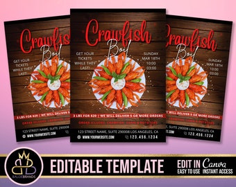 May include: Editable template for a crawfish boil flyer with a rustic wood background. The flyer features a plate of crawfish with green onions and a white sauce. The text on the flyer says "Crawfish Boil" and includes the date, time, and price. The flyer also includes the text "Get your tickets while they last!" and "3 lbs for $20 | We will deliver 5 or more orders. Order includes: crawfish, corn & potatoes."