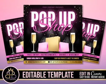 Op de afbeelding: Een roze en witte flyer met een zwarte achtergrond en gouden accenten die reclame maakt voor een pop-up shop. De flyer bevat de tekst "Pop Up Shop", "Gratis toegang", "Verfrissingen", "Drankjes", "Cadeau", "Koop onze producten", "Ontmoet de eigenaren", "Zondag april 17:00 tot 23:00 uur", "www.yourwebsite.com", en "@yoursocialmedia".