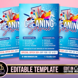 May include: A blue and white flyer advertising cleaning services for both residential and commercial properties. The flyer features a colourful illustration of cleaning supplies and the text "Cleaning Service". The flyer also includes a list of services offered, a special offer for 30% off for the first visit, and contact information.