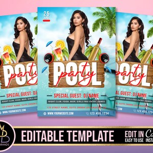 May include: A colorful flyer for a pool party with a DJ. The flyer features a blue and green background with palm trees and a pool. The text on the flyer says "Pool Party" and includes the date, time, and location of the event. The flyer also includes the name of the DJ and a website address.