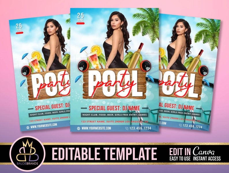 May include: A colorful flyer for a pool party with a DJ. The flyer features a blue and green background with palm trees and a pool. The text on the flyer says "Pool Party" and includes the date, time, and location of the event. The flyer also includes the name of the DJ and a website address.