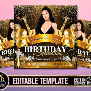 Puede incluir: Plantilla editable para una invitación a una fiesta de cumpleaños. La invitación presenta un fondo negro con purpurina dorada, botellas de champán y globos. El texto "Grown & Sexy Birthday Celebration" está escrito en letras doradas. La fecha y la hora del evento se enumeran debajo del texto. El número de teléfono también está incluido.