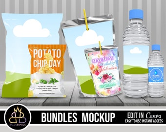 Mockup Bundle, Chip bag, Juice Pouch, Water Bottle Mockup, Canva Mockup Bundle Canva Editable Chip Bag Mockup, Party Favor Mockup Bundle