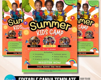 Flyer zomerkamp kinderkamp, flyer zomerfestival kinderkamp voor kinderen, bewerkbare sjabloon, canvas, uitnodiging kinderen uitnodigen, flyer festivalevenement