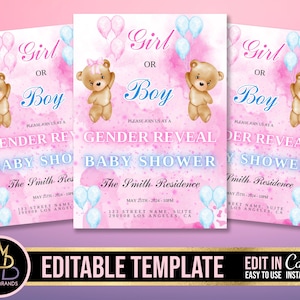Gender Reveal Invitation, Baby Shower Announcement Invite, Gender Reveal Flyer Gender Reveal Editable Template Invite Baby Shower Invitation