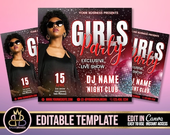 Puede incluir: Un folleto rosa y rojo con un gráfico de bola de discoteca y el texto "Girls Party" en letras blancas y rojas. El folleto también incluye el texto "Exclusive Live Show", "DJ Name", "Night Club", "15 April", "Dive Show", "Free Drinks", "Free Parking" y "Your Business Presents".