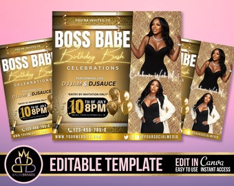 Może przedstawiać: Złote i czarne zaproszenie na urodziny z błyszczącym złotym tłem. Zaproszenie zawiera tekst "Boss Babe Birthday Bash Celebrations" z datą i godziną wydarzenia. Zaproszenie zawiera również nazwiska wykonawców, DJJAM & DJSAUCE.