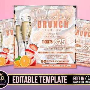 Sunday Brunch Flyer, Editable Social Media Flyer Canva, DIY Brunch, Editable Template Flyer Brunch and booze, Event Birthday Business Flyer