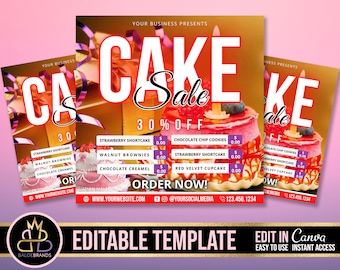 Puede incluir: Un folleto colorido que anuncia una venta de pasteles con un 30% de descuento. El folleto presenta una foto de un pastel con velas y una variedad de sabores de pastel listados con precios. El texto "YOUR BUSINESS PRESENTS CAKE SALE 30% OFF ORDER NOW!" se muestra en el folleto.