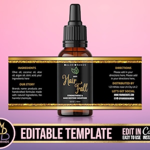 DIY Oil Bottle Label, Hair oil, Hair Growth Oil, Dropper Bottle Label, Beard Oil bottle Label, Essential oil label, Pre-Made Label, Canva