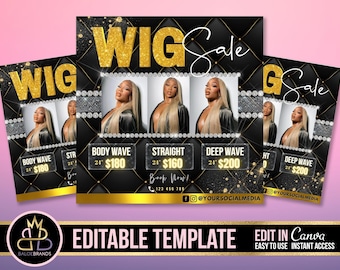WIG Sale flyer, Hair Wigs Sale Flyer, Editable DIY Canva Template, Wig Install Specials Salon Appointment Book Now Sale Bundles Price List