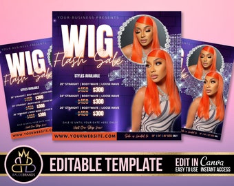 WIG Sale flyer, Hair Wigs Sale Flyer, Editable DIY Canva Template, Wig Install Specials Salon Appointment Book Now Sale Bundles Price List