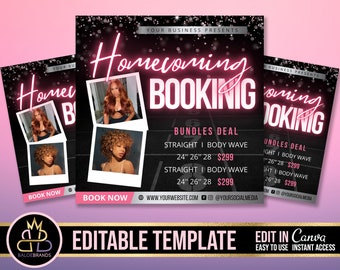 Homecoming sale, Hair Wigs Sale Flyer, Editable DIY Canva Template, Wig Install Specials Salon Appointment Book Now Sale Bundles Price List