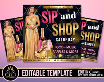 SIP AND SHOP flyer template, Sip & shop Editable Flyer Canva, Sip Shop Flyer, diy shop and sip Party Invite Invitation, event shopping