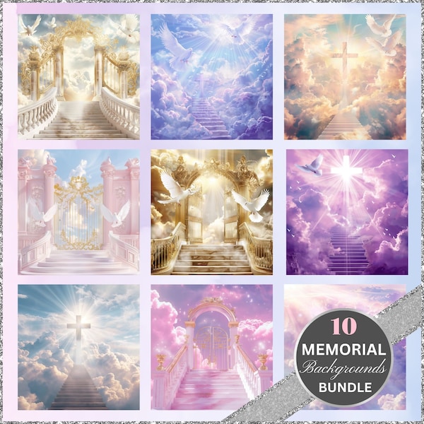 Memorial Background Bundle: 10 Heaven Background Images, Png In Loving Memory Photographs, Celebration of Life, Heaven Stair Steps & Gate