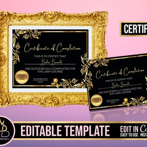 CERTIFICATE OF COMPLETION, Lashes Certificate, diy template, Canva Editable Template certified beauty certificate, certificate of completion